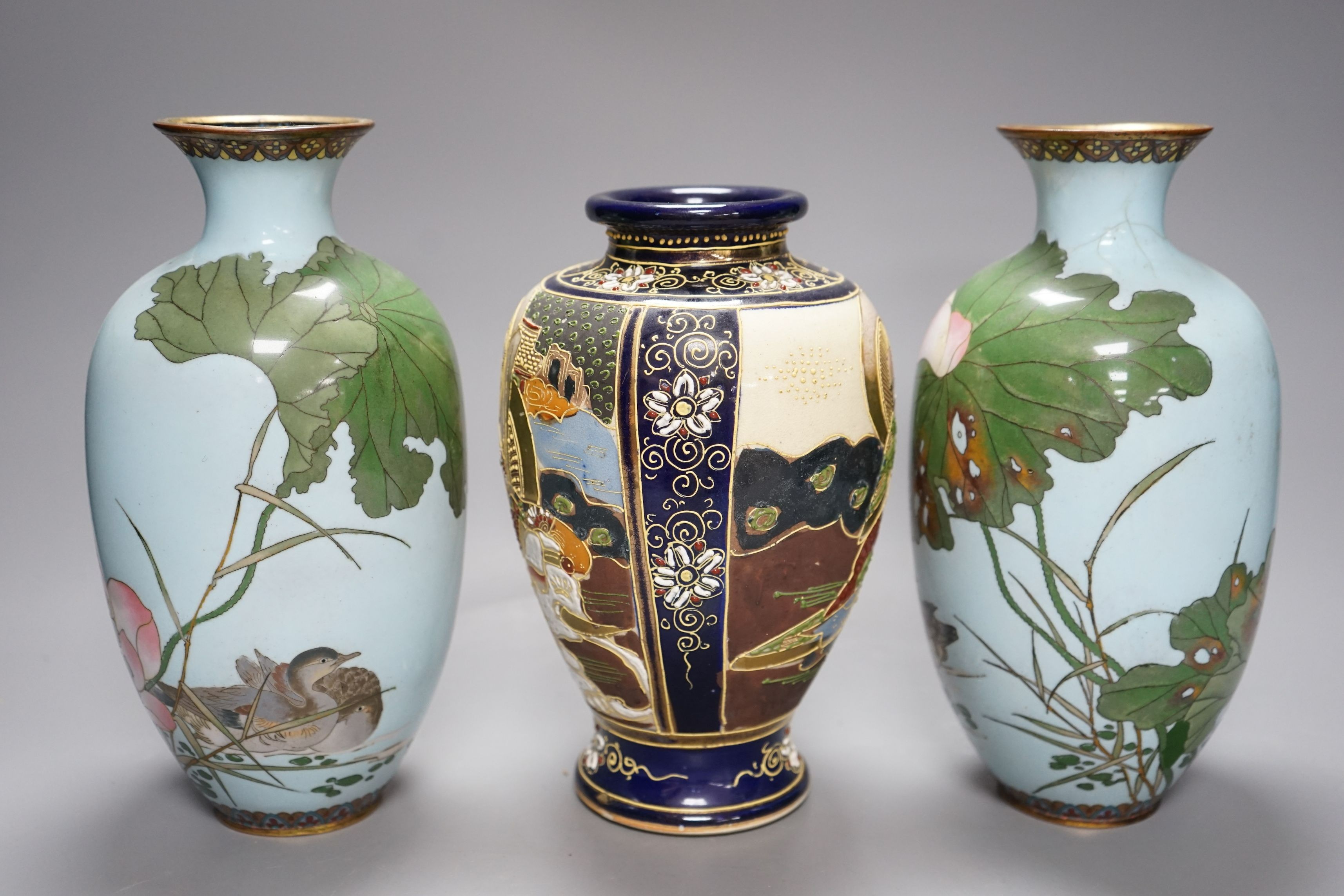 A pair of Japanese cloisonné enamel vases and a Satsuma vase (3), cloisonné vases 24cms high
